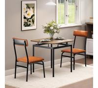 GarveeMore Ensemble Table à Manger 3 Pièces - Plateau en Bois avec Cadre Métallique Industriel et 2 Chaises Rembourrées en PU, Idéal pour Appartement ou Studio - Chêne Brun, Garniture PU Marron
