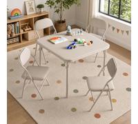 GarveeMore Ensemble Table et chaises Enfant Pliant - Table carrée d’activités légère, Surface PU Facile à Nettoyer, chaises avec Coussins rembourrés, Chambre/Salle de Jeux/crèche - Beige