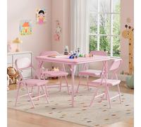 GarveeMore Ensemble Table et chaises Enfant Pliant - Table carrée d’activités légère, Surface PU Facile à Nettoyer, chaises avec Coussins rembourrés, Chambre/Salle de Jeux/crèche - Rose - 1 Table + 4