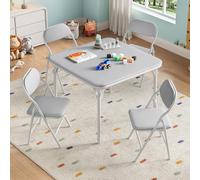 GarveeMore Ensemble Table et chaises Pliantes Enfant - Table carrée d’activités légère, Surface PU Similicuir, assises rembourrées, Cadre métal - Repas/Loisirs créatifs/Apprentissage - Gris, 1+4