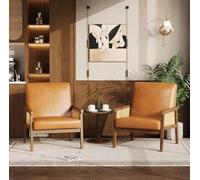 GarveeMore Fauteuil d’appoint Boho Mid-Century en Similicuir, côtés en rotin, Dossier Haut, Cadre en Bois Massif, pour Balcon/Jardin/intérieur - Couleur : PU Orange 039T Wood 003#