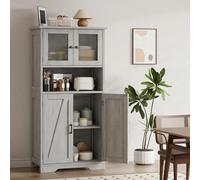 GarveeMore Freestanding Pantry Storage Cabinet with Glass Doors - Adjustable Shelves - Modern Farmhouse Wooden Cupboard for Kitchen, Bathroom, Entryway, Living Room - Grey