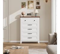 GarveeMore Grand capacité - Commode Haute 5 tiroirs 105 cm, Meuble de Rangement Vertical en Bois autoportant - Grands tiroirs Profonds - Pieds réglables - Chambre/Salon/Couloir - Coloris Blanc et