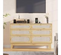 GarveeMore Grand capacité de Rangement - Commode 6 tiroirs en rotin avec Ports USB et électriques - Meuble Moderne Chambre, Salon ou entrée - Sécurité Anti-basculement - Finition chêne Naturel -