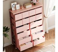 GarveeMore Imposant Commode d'entrée 16 tiroirs - Rangement Moderne en Tissu - Structure métal Robuste, Plateau Bois - Idéal Chambre, Couloir, Dressing, bébé - Finition Rose