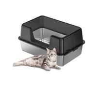 GarveeMore Litiere pour Chat Acier Inoxydable, XXL Bac à Litière pour Chat, Semi-fermée Caisse Litter Box, Anti-Fuite, Amovible Maisons de Toilette pour Chats,50x35x23 cm,Noir
