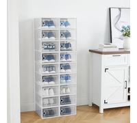 GarveeMore Lot de 18 boîtes à Chaussures empilables et Pliables, Rangement Placard en Plastique Transparent - Porte Frontale à charnière, Ventilation, couvercles - Blanc
