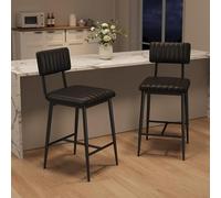 GarveeMore Lot de 2 tabourets de Bar Hauteur comptoir 65 cm - Structure métal Robuste 400 LB - Assise PU Grain Litchi épaisse, Dossier + Repose-Pieds - Coloris : Black Lychee Grain - (2pcs per Set)