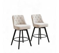 GarveeMore Lot de 2 tabourets de Bar pivotants 360° - Hauteur comptoir 66 cm (26") - Assise rembourrée en Lin avec Dossier capitonné - Pieds en Bois avec Repose-Pieds - Linen|Blanc cassé