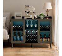 GarveeMore Meuble Bar à vin avec LED - Buffet/Sideboard de Rangement autoportant en Bois - Portes vitrées, Range-Bouteilles et Porte-Verres pour Salon/Cuisine - Noir