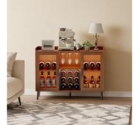 GarveeMore Meuble Bar à vin avec LED réglable - Buffet/Console de Rangement autoportant - Portes en Verre, Range-Bouteilles 6 et Porte-Verres 9 pour Salon/Cuisine - Noyer