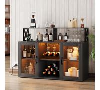 GarveeMore Meuble Bar à vin Moderne avec LED + Prises intégrées - Range-Bouteilles & Porte-Verres - Buffet/Sideboard Grand Rangement, Cuisine/Salon/Salle à Manger - Noir (Standard US)