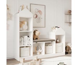 GarveeMore Meuble de Rangement Enfant Multifonction - Bibliothèque avec Coin Lecture et 6 Compartiments - Banquette avec Coussin - Bois Solide