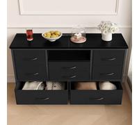 GarveeMore Meuble d'entrée 8 tiroirs avec LED et Station de tarif - Plateau Bois, Structure métal Stable, tiroirs Tissu - Rangement Pratique pour Salon, Chambre, Couloir - Coloris Noir PU