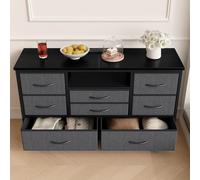 GarveeMore Meuble d'entrée 8 tiroirs avec LED et Station de tarif - Plateau Bois, Structure métal Stable, tiroirs Tissu - Rangement Pratique pour Salon, Chambre, Couloir - Coloris Gris Foncé
