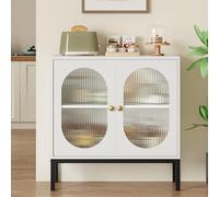 GarveeMore Meuble Rangement de Salon, Buffet Bas De Rangement 80x40x83 cm | Portes vitrées + rotin - Étagères de rangement - Style boho - Salon/Salle à manger/Cuisine