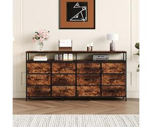 GarveeMore Meuble TV 160 cm avec Commode 12 tiroirs en Tissu, étagères Ouvertes, Structure MDF, Rangement Salon/Chambre, pour TV 55-75 Pouces - Tiger Stripe