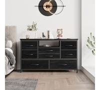 GarveeMore Meuble TV Commode 8 tiroirs - Prises intégrées + éclairage LED - Console de Rangement pour TV Jusqu’à 55" - Plateau Effet Bois - Black Willow (Deco)