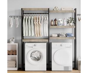 GarveeMore Over The Washer Storage Shelf, 5-Tier Adjustable Wooden Laundry Room Organizer Rack with Clothes Drying Rail & Side Hooks, Heavy Duty Space Saver,Gray