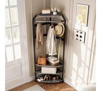 GarveeMore Portant d'angle pour entrée avec Banc à Chaussures, 6 Crochets Doubles, 3 étagères - Meuble vestiaire Gain de Place, idéal Couloir, Chambre ou Salon - Métal et Bois, Coloris Gris Pierre