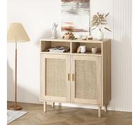 GarveeMore Style Ferme Moderne en rotin - Buffet de Bar avec 2 Portes, étagère réglable + Compartiments Ouverts, Pieds en Bois, Meuble de Rangement Cuisine/entrée, Bar à café/Console TV - Single