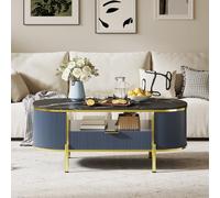 GarveeMore Table Basse Ovale 48'' Moderne - Plateau Effet marbre, tiroir et étagère, Design cannelé, Pieds en métal doré - Style Milieu du siècle, idéale pour Salon ou Bureau - Couleur : Bleu