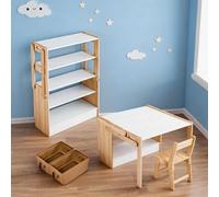 GarveeMore Table d’activités Enfant Convertible + Chaise - Bureau d’Art Pliant en Bois - réglable en étagère, 2 bacs Tissu, jetons arrondis - Maison/école - 70 cm