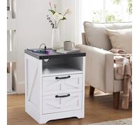 GarveeMore Table d’appoint Farmhouse avec Station de Frais - 2 tiroirs, Gestion des câbles - 2 Prises AC, USB + USB-C - Bois d’ingénierie Blanc pour Salon/Chambre/Bureau - Couleur : Blanc