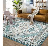 GarveeMore Tapis Boho Lavable antidérapant - Poils Courts, résistant aux Taches, Doux, Enfant et Animal - Design médaillon Vintage, Usage intensif - Vert foncé, 240x340 cm