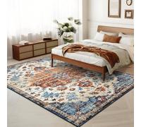 GarveeMore Tapis Vintage bohème Lavable en Machine, Poils Ras, Motif Floral médaillon, Polyester Doux antitache, Dessous antidérapant, pour Salon/Chambre/entrée/Cuisine - 200 x 290 cm - Orange -