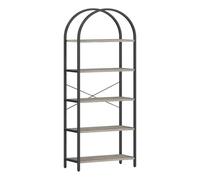 GarveeTech Arched Tall Bookshelf - Modern Industrial 5-Tier Open Bookcase - Sturdy Wood & Metal Frame, Freestanding Storage Shelf for Living Room, Bedroom, Office - Black Iron Frame + Gray Wood Board