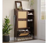 GarveeTech C - Commode à chaussures en rotin avec 3 tiroirs pliants, 1 porte et compartiment ouvert, étagère à chaussures étroite en bois avec pieds en métal, armoire à chaussures pour entrée, salon