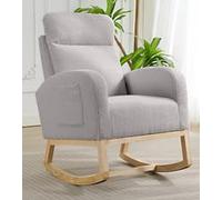 GarveeTech Fauteuil à Bascule Classique Plat avec Châssis Bois et Rembourrage Dossier Haut, Pieds Bois Naturel, Peluche Teddy, Gris Clair