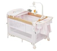 GarveeTech Lit bébé évolutif 5-en-1 avec roulettes - Hauteur Ajustable - Matelas et Table à Langer Inclus - Parc de Jeu avec Musique et Mobile - Sac de Transport - Jusqu’à 15 kg - Couleur : European