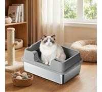 GarveeTech Litière pour chat XXL en acier inoxydable avec bord haut et bac à litière - Inodore et anti-fuite - Idéal pour les grands chats ou les foyers de plusieurs chats - 50 x 35 x 27 cm - Gris
