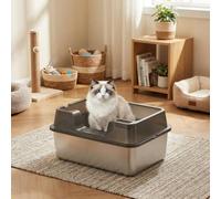 GarveeTech Litière pour chat XXL en acier inoxydable avec bord haut et bac à litière - Inodore et anti-fuite - Idéal pour les grands chats ou les foyers de plusieurs chats - 50 x 35 x 27 cm - Noir