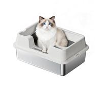 GarveeTech Litière pour chat XXL en acier inoxydable avec bord haut et bac à litière - Inodore et anti-fuite - Idéal pour les grands chats ou les foyers de plusieurs chats - 50 x 35 x 27 cm - Blanc