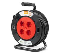 Garza - Enrouleur de câble 15 m rouge et noir, 4 prises Schuko, sécurité enfants, protection contre les surtensions et la surchauffe, pour usage intérieur