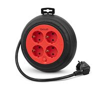 Garza - Enrouleur de câble 3 m rouge et noir, 4 prises Schuko, sécurité enfants, protection contre les surtensions et la surchauffe, pour usage intérieur