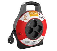 Garza - Enrouleur de câble d'intérieur rouge et noir, 4 prises avec mise à la terre, câble de 10 mètres, protection contre les surtensions et la surchauffe, sécurité enfants, garantie 3 ans