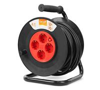 Garza - Enrouleur de câble pour l'intérieur 25 m, 4 prises Schuko avec mise à la terre, sécurité enfants, protection contre les surtensions et la surchauffe, boîtier robuste rouge-noir