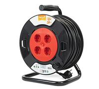 Garza - Enrouleur de câble pour l'intérieur 50 m, 4 prises Schuko avec mise à la terre, sécurité enfants, protection contre les surtensions et la surchauffe, boîtier robuste rouge-noir