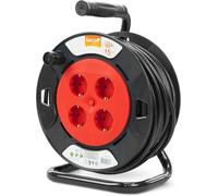Garza - Enrouleur domestique intérieur 15 m, 4 prises Schuko avec prise de terre, protection enfant, contre les surtensions et la surchauffe, coque rouge et noire, garantie 3 ans