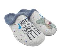 GARZON 5027 Chaussons de maison pour femme - Tons gris avec paillettes bleues, phrase « Hoy es un día parfait para ser Feliz », douces et chaudes pour femme, blanc ivoire, 36 EU