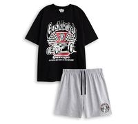 Gas Monkey Garage Pyjama Noir à Manches Courtes pour Homme | Short Gris à Taille élastique | Tenue d'intérieur Classique avec Logo Gas Monkey | Motif Voiture et Drapeau à Damier