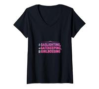 Gaslighting, Gatekeeping, Girlboss : Trendy Slogan T-Shirt avec Col en V, Femme, Noir, L