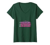 Gaslighting, Gatekeeping, Girlboss : Trendy Slogan T-Shirt avec Col en V, Femme, Vert Forêt, XL