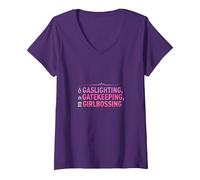 Gaslighting, Gatekeeping, Girlboss : Trendy Slogan T-Shirt avec Col en V, Femme, Violet, XL