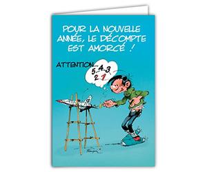 GASTON LAGAFFE Carte Meilleurs Vœux pour la Nouvelle Année Bonheur Chance Décompte Minuit Fusée Illustration Dessin Humoristique Bande Dessinée Humour Belge BD Franquin Papier PEFC AFIE XGL 001 BA