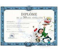 Gaston Lagaffe GLDP-7005 Carte Double avec Enveloppe Anniversaire Diplôme de la 50aine Pétillante - Gâteau Bougies Tarte à la crème Bouteille Vin Pétillant Champagne Bouchon Seau